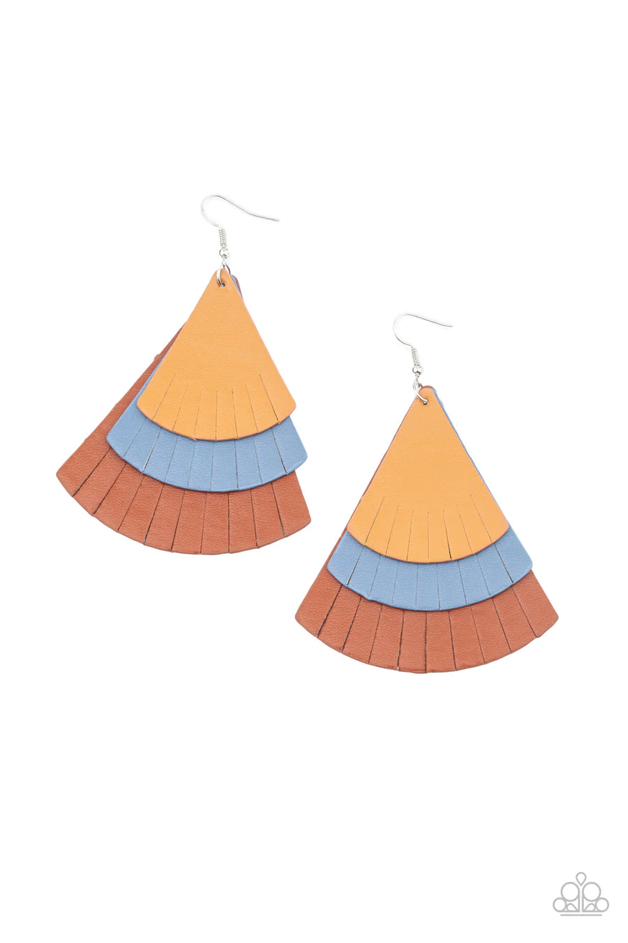 HUGE FANATIC - MULTI TAN BLUE BROWN LEATHER LAYERED EARRINGS