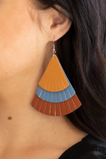 HUGE FANATIC - MULTI TAN BLUE BROWN LEATHER LAYERED EARRINGS